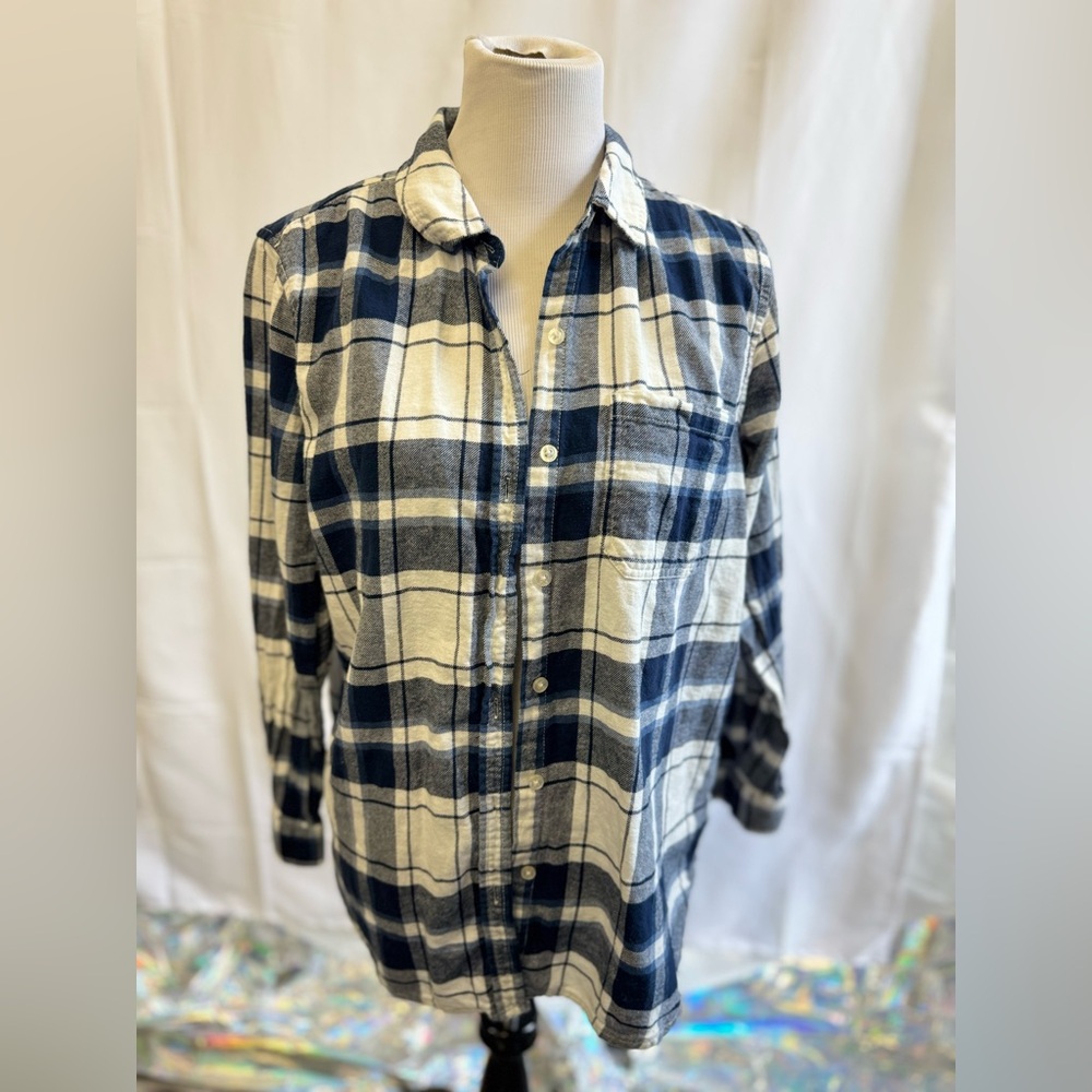 Gap Flannel Shirt Men's L Button Up Blue & White Plaid 100% Cotton Pocket‎ Y2K